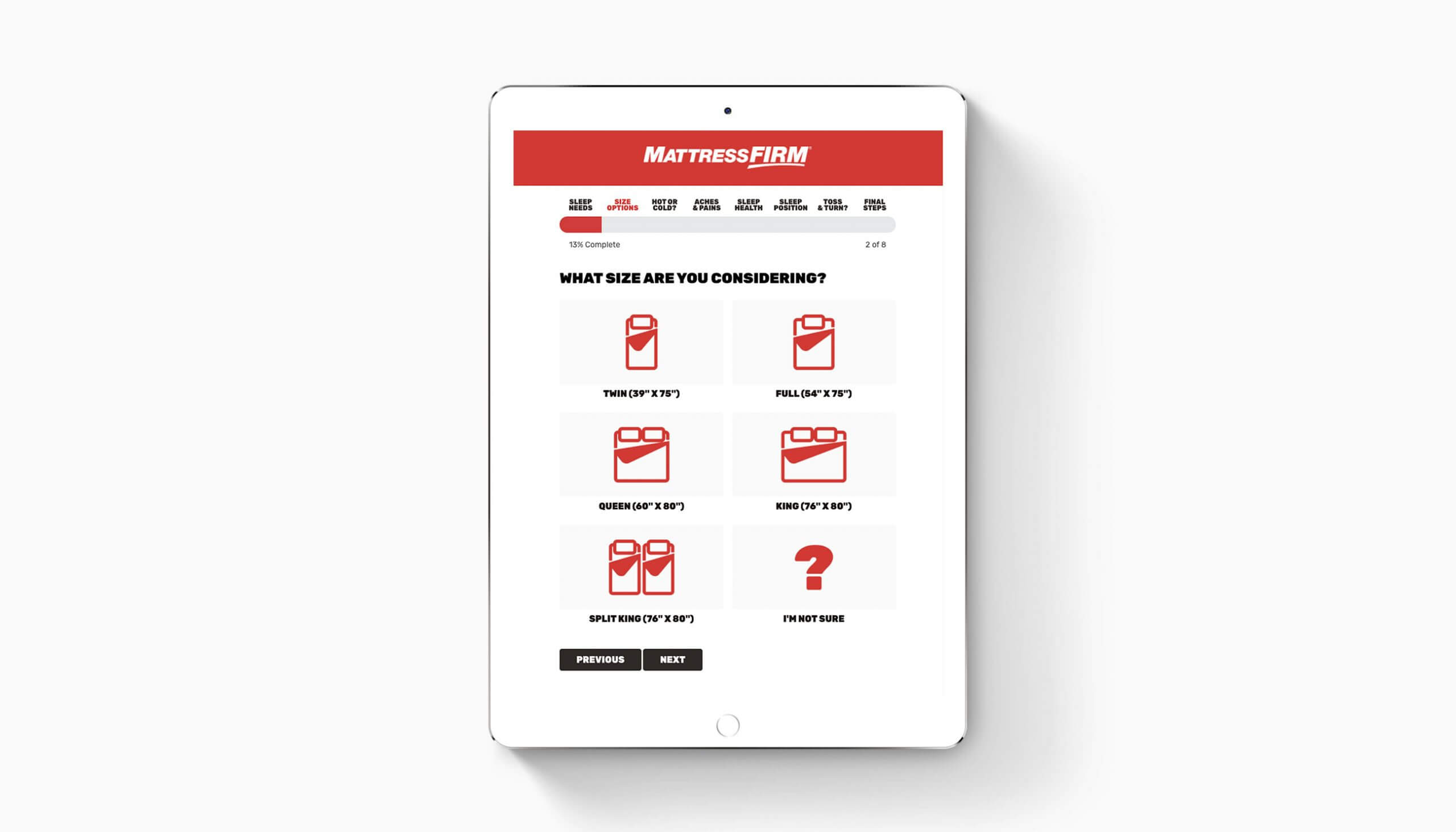 Mattress Firm Size Selection Tablet